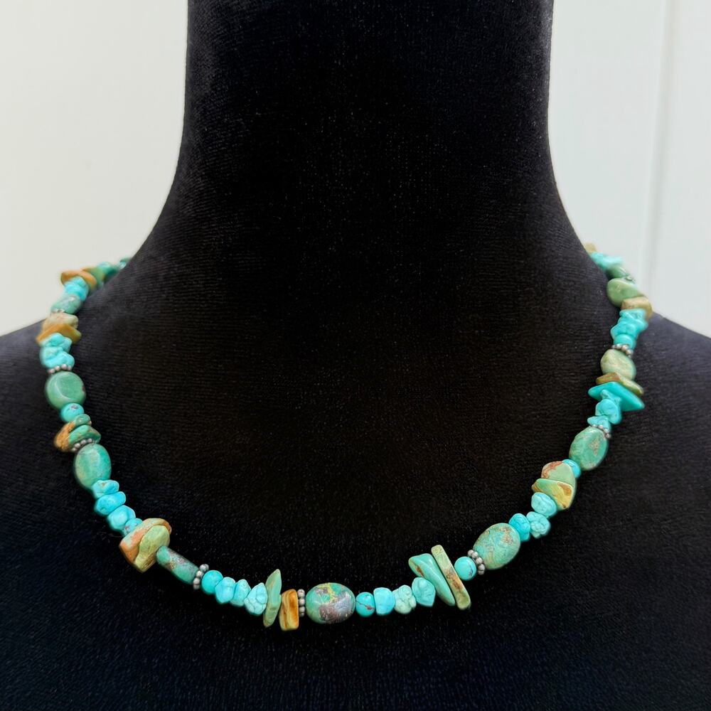 Vintage Y2K Genuine Turquoise Nugget Artisan Necklace Sterling Clasp Blue/ Green